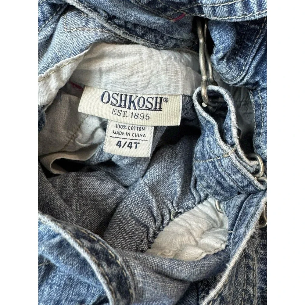 OshKosh Girls Denim Dress Overalls Embroidered Floral Blue Size 4 Spring Summer